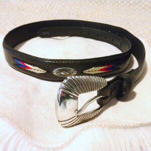 Tony Lama Western Belt 32 Black Leather Embroidered Concho Buckle Cowgirl Aztec